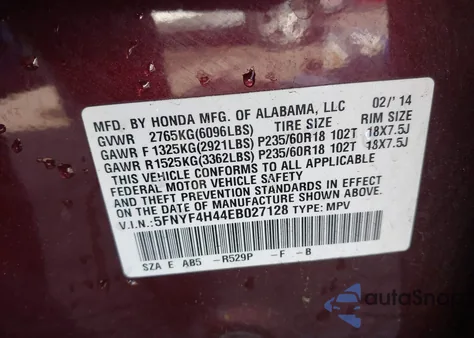 2014 Honda Pilot Ex z USA, uszkodzony, nr VIN 5FNYF4H44EB027128